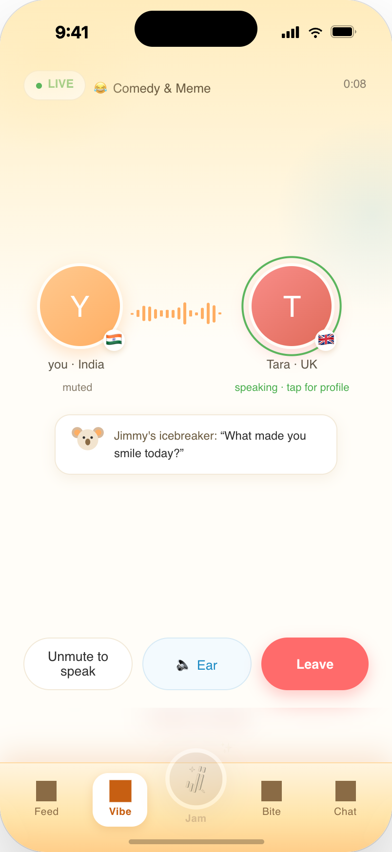 A live Vibe voice call between two strangers